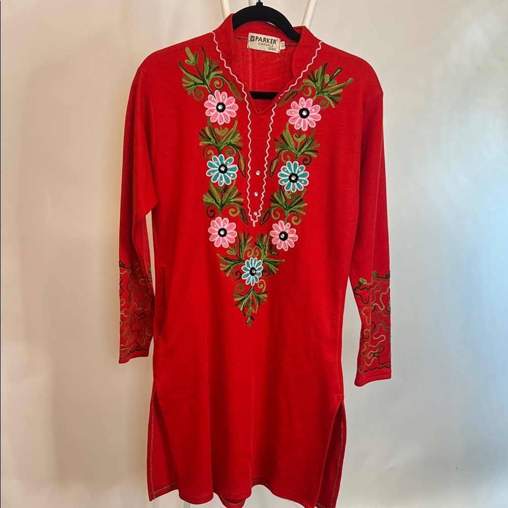 Vintage Parker XXL Red Tunic with Floral Embroidery